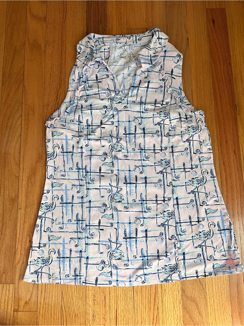Lilly Pulitzer Luxletic Sleeveless Golf Polo Top Pink Blue Flamingo Golf Print L
